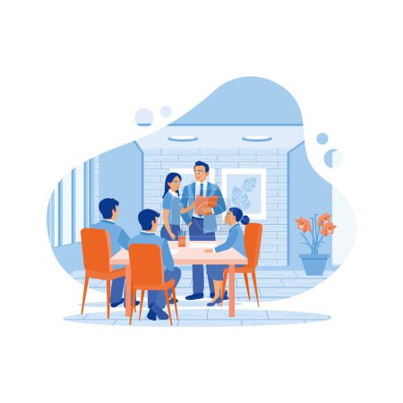 Coworkers have a meeting in the office. Discuss and make decisions together to achieve success. Employee Making concept. trend flat vector modern illustration