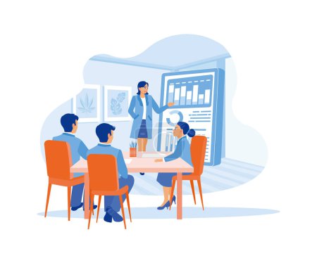 Illustration for The female manager is holding a presentation with the marketing team. The manager uses a digital whiteboard to analyze growth graphs, statistics and data. Growth Analysis concept. trend flat vector modern illustration - Royalty Free Image
