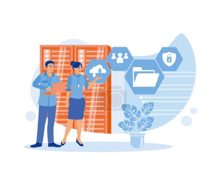 Illustration for A male IT specialist is using a laptop and discussing it with a female server technician. They are standing in the data centre room. Discuss Information concept. trend flat vector modern illustration - Royalty Free Image