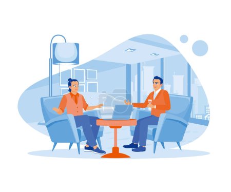 Business people and business partners sitting in armchairs solving financial problems. Bankers tell clients about bank services. Discuss Information concept. Trend Modern vector flat illustration