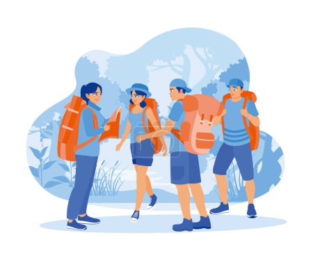 Four tourists were lost in the forest. Using a map to find the way and a backpack containing the necessities for the night. Tourist Guide concept. Trend Modern vector flat illustration