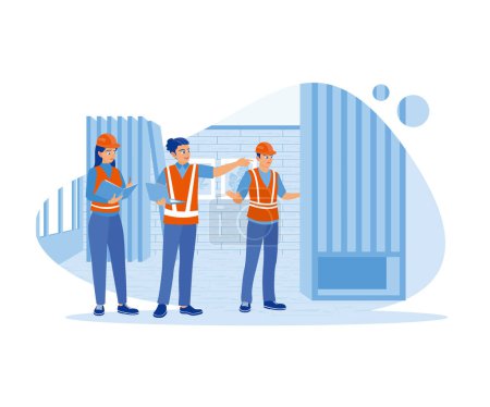 Illustration for Discuss the plan for the work of engineers and architects in the building interior construction process. Discuss Information concept. Trend Modern vector flat illustration - Royalty Free Image