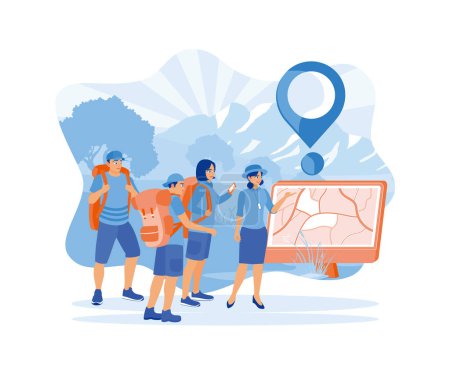 A young tourist with a backpack on their back. Gather around the tour guide in the Celsus library area in Ephesus to listen to the guide's explanation of the site. Tourist Guide concept. Trend Modern vector flat illustration