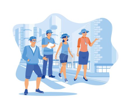 Illustration for A group of students went on a field trip on an urban tour. They were guided by a tour guide who pointed out local architects. Tourist Guide concept. Trend Modern vector flat illustration - Royalty Free Image