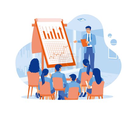 Male boss giving a whiteboard presentation to office employees. Employees listen to the leader's explanation during meetings in the office. Briefings concept. Trend Modern vector flat illustration