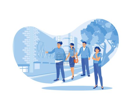 Illustration for Tourists listen to the explanation of a graffiti tour guide. Explains culture and customs. Tourist Guide concept. Trend Modern vector flat illustration - Royalty Free Image