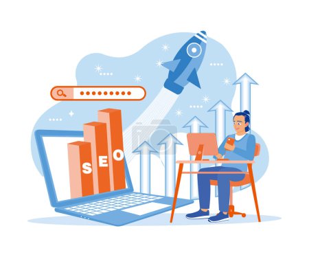 Illustration for Man using computer, laptop, and mobile phone to promote ranking traffic on website. Optimizing websites to rank in SEO search engines. SEO concept. Trend Modern vector flat illustration - Royalty Free Image