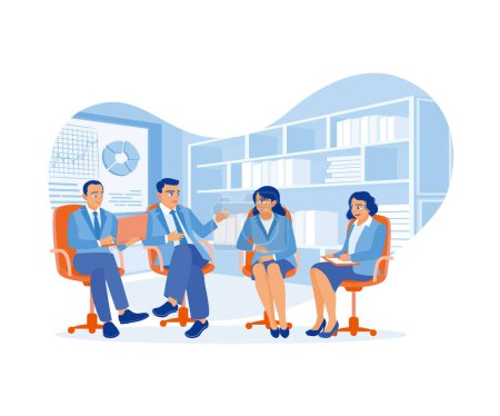 Illustration for Diverse and happy colleagues gather in the meeting room. Exchange ideas and discuss company financial statistics. Briefings concept. Trend Modern vector flat illustration - Royalty Free Image