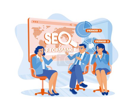 Illustration for Diverse young business people clapping while sitting in the conference room. View LCD screen with SEO performance. SEO concept. rend Modern vector flat illustration - Royalty Free Image