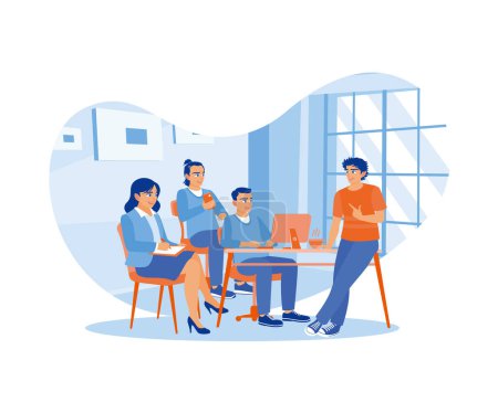 Illustration for Diverse employees have a meeting in the office. The male leader explains the company's work problems. Briefings concept. Trend Modern vector flat illustration - Royalty Free Image