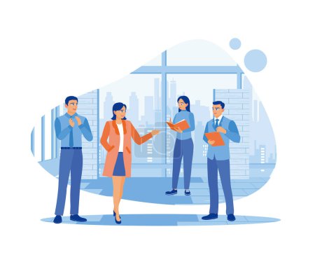 Illustration for Four diverse company staff listen to the company leader's briefing. Planned work, solved company problems, and discussed work projects. Briefings concept. Trend Modern vector flat illustration - Royalty Free Image