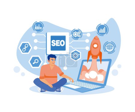Illustration for The man is using a laptop to increase traffic ranking on the website. SEO rocket hologram flying from the laptop screen. SEO concept. Flat vector illustration. - Royalty Free Image