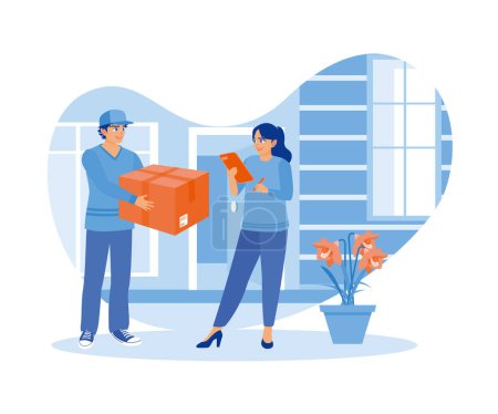 Illustration for A courier delivers a package to the customer's address. A woman signs the goods receipt form. Order confirmation concept. Flat vector illustration. - Royalty Free Image