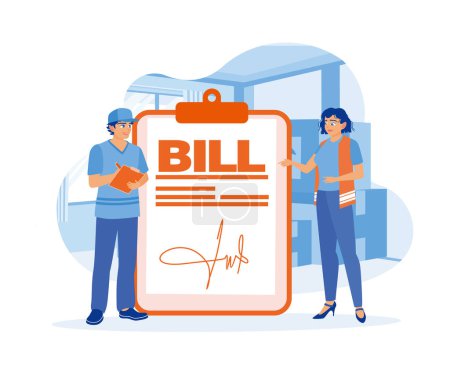 Illustration for The warehouse manager signs the bill of lading after receiving the incoming goods. The woman confirms the delivery of merchandise. Order Confirmation concept. Flat vector illustration. - Royalty Free Image