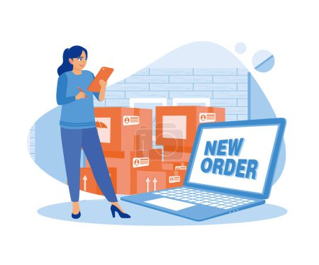 Business people use laptops and gadgets to promote products. Woman confirming customer order and address. Order confirmation concept. Flat vector illustration.