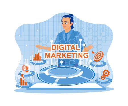 Illustration for Man hand pressing digital marketing icon button on virtual screen. Entrepreneurs create advertising and digital marketing on the Internet to improve business technology. Digital marketing networking on modern interface concept. trend flat vector mode - Royalty Free Image