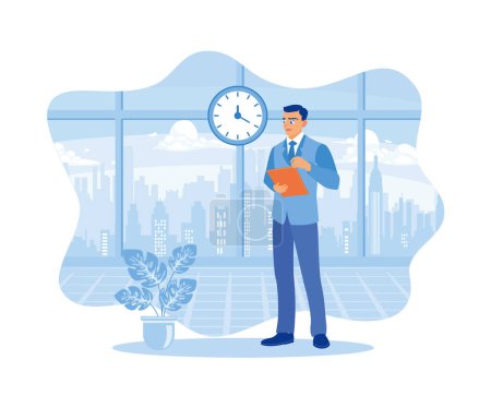 People in business standing against the urban landscape background. Using a digital tablet in a modern office. Digital business concept. Flat vector illustration.