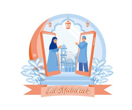 Illustration for Man and woman making a call via cell phone. Forgive each other and wish each other a happy Eid. Happy Eid Mubarak concept. flat vector modern illustration - Royalty Free Image