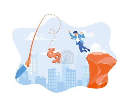 Illustration for A businessman jumps off a cliff. Catch the gold dollar symbol on the hook. Finance control scenes concept. flat vector modern illustration - Royalty Free Image