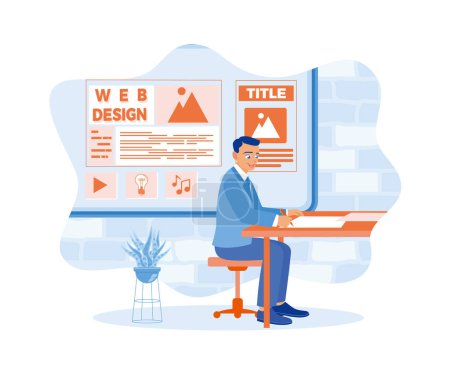 IT expert esquisse le développement du site Web sur une feuille de papier. Les hommes créent du contenu pour remplir les sites. Concept de web design. Illustration vectorielle plate.