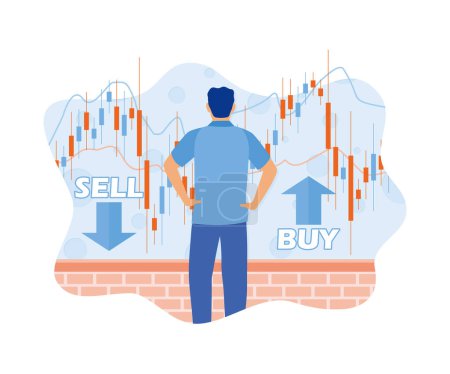 Man analyzes the stock market. Determine buying and selling options on the virtual screen. Stock Trading concept. flat vector modern illustration