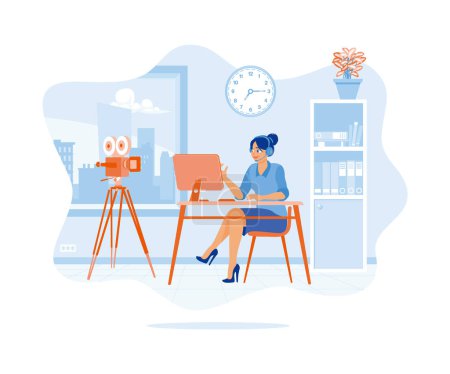 Female video editor wearing headphones and a microphone. Working on recordings on his personal computer at night. Video Editor concept. Flat vector illustration.