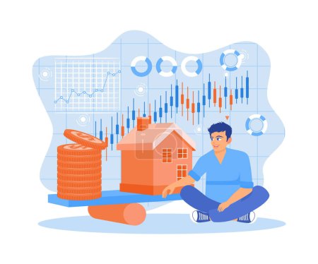 Illustration for A young man balancing between a house model and a pile of gold coins on a seesaw. House Model Balance Equilibrium Concept. Flat vector modern illustration - Royalty Free Image