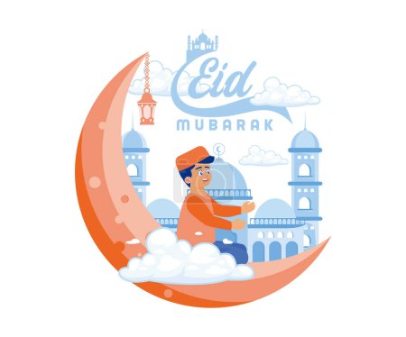 Ilustración de Niño sentado en una luna creciente. Bienvenido, Eid al Fitr, con un corazón feliz. Feliz concepto de Eid Mubarak. vector plano ilustración moderna - Imagen libre de derechos