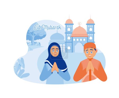 Illustration for Young men and women forgive each other. Congratulations on Eid al Fitr in front of the mosque. Happy Eid Mubarak concept. flat vector modern illustration - Royalty Free Image