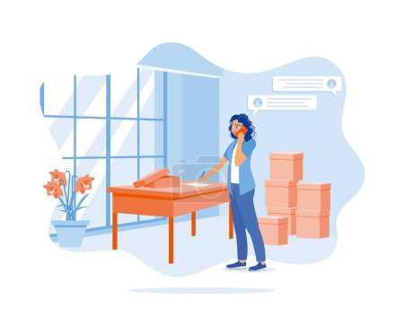 Illustration for Small business owner talking on the phone after receiving an order. Businesswoman writing order on paper. Order Confirmation concept. Flat vector illustration. - Royalty Free Image