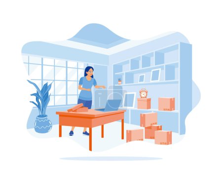 Illustration for Small SME entrepreneurs work from home. I am using a laptop to check customer addresses before sending goods. Order Confirmation concept. Flat vector illustration. - Royalty Free Image
