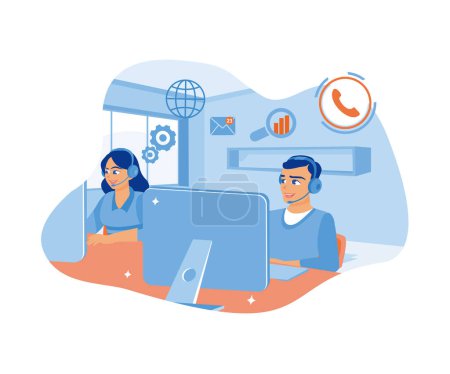 Illustration for Call center worker using headset in modern office. Receive calls from clients in front of the computer. Woman with phone calling to customer support service concept. Flat vector illustration. - Royalty Free Image