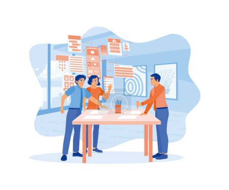 Illustration for IT experts were discussing business ideas in the office. Developing mobile application software in modern office. Teamwork meeting concept. Flat vector illustration. - Royalty Free Image