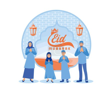 Téléchargez les illustrations : Une famille musulmane joyeuse célèbre ensemble l'Aïd al Fitr. Joyeux Eid Moubarak concept. illustration moderne vectorielle plate - en licence libre de droit