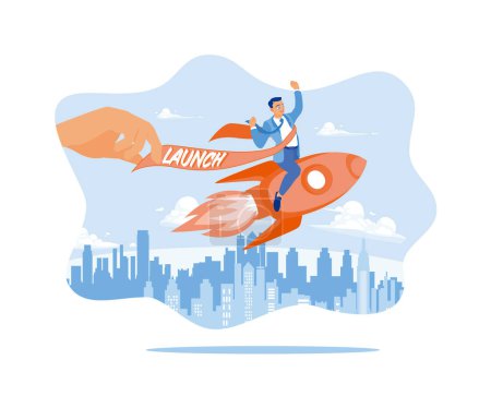 Illustration for Businessman riding a rocket flying up to the clouds. Hands are helping to launch a new project. Rocket is launching the boost concept. Flat vector illustration. - Royalty Free Image