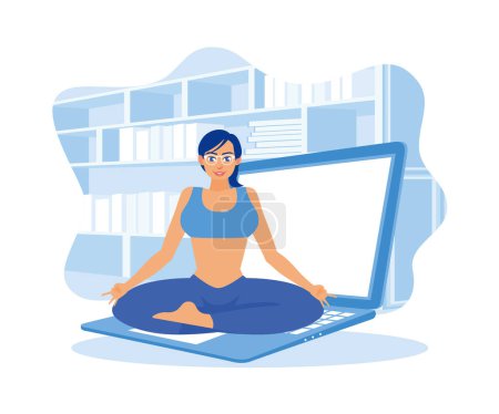 Junge Frau sitzt entspannt zu Hause. Üben Sie Yoga, während Sie Videos auf einem Laptop ansehen. Selbstverbesserungskonzept. Flache Vektorabbildung.
