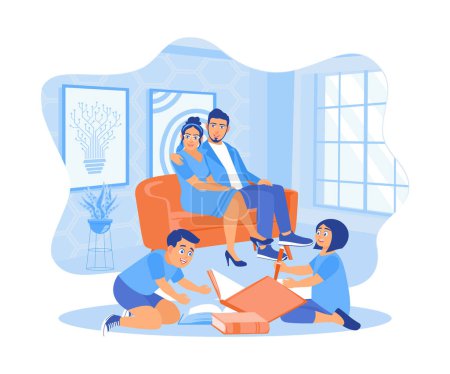 Siblings study together on the living room floor. Meanwhile, father and mother sat relaxed on the sofa. A couple of happy, funny parent concepts. Flat vector illustration.