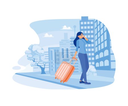 Illustration for Ready for a business trip. A businesswoman walking along a city street is holding a suitcase and making a call with her cell phone. Happy, calm, peaceful girl volunteer concept. Trend Modern vector flat illustration - Royalty Free Image