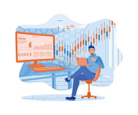 Illustration for Online trading. The man sits with a laptop and computer, analyzing stock market trades with data and candlestick charts. Stock Trading concept. Flat vector illustration. - Royalty Free Image