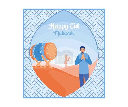 Téléchargez les illustrations : Heureux musulman accueillant Eid al Fitr. Joyeux Aïd al Fitr. Joyeux Eid Moubarak concept. illustration moderne vectorielle plate - en licence libre de droit