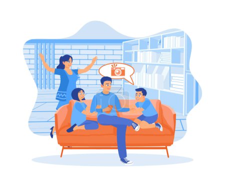 Illustration for Father, mother and two children gathered in the living room. They played together and recorded it using cellphones. A couple of happy, funny parent concepts. Flat vector illustration. - Royalty Free Image
