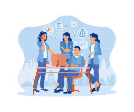 A group of business people working together as a team at the office desk. A team of people is sitting at desks with laptops. flat vector modern illustration