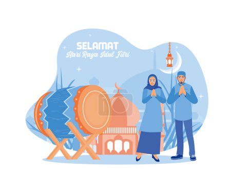 Ilustración de Un joven y una mujer están de pie junto al tambor. Selamat Hari Raya Idul Fitri significa concepto de Happy Eid Mubarak. vector plano ilustración moderna - Imagen libre de derechos