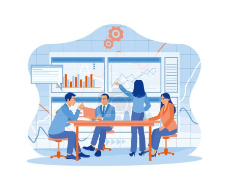 Illustration for Business team discussing ideas for a startup. Female leader speaking at the board. A team of people is sitting at desks with laptops. flat vector modern illustration - Royalty Free Image