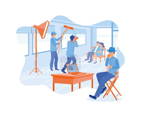 Illustration for A film crew team and two models filming indoors. The director gives orders during filming. Film Production Concept. Flat vector illustration. - Royalty Free Image