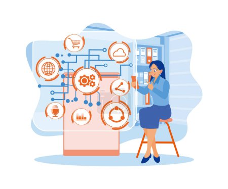 Illustration for Businesswomen using digital tablets with virtual icons on tablet screens. Digital business concept. Flat vector illustration. - Royalty Free Image