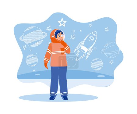 Illustration for Girls imagine being astronauts. A little girl wearing an astronaut costume while playing. Childrens concept. Flat vector illustration. - Royalty Free Image