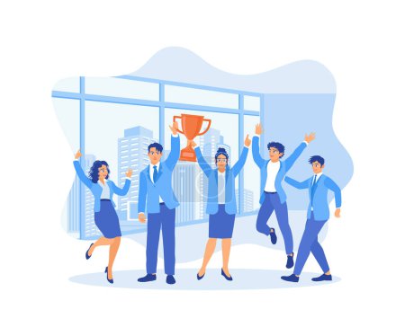 Illustration for A group of young business people are having fun and holding trophies in the office. Successful teamwork. Happy business team, colleagues are rejoicing in the success concept. Flat vector illustration. - Royalty Free Image