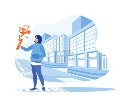 Illustration for Using a camera, a young woman is recording her journey through a city street. Woman taking video on camera for vlog. Content Creator concept. Flat vector illustration. - Royalty Free Image