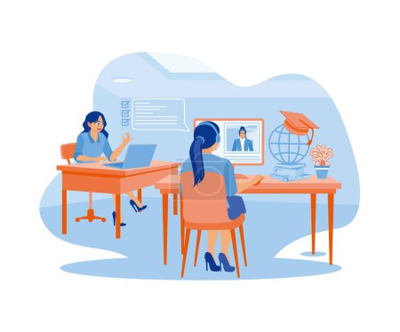 Illustration for Two women sitting in front of a computer. Managers provide instructions to assistants for education and training. Woman with phone calling to customer support service concept. Flat vector illustration. - Royalty Free Image